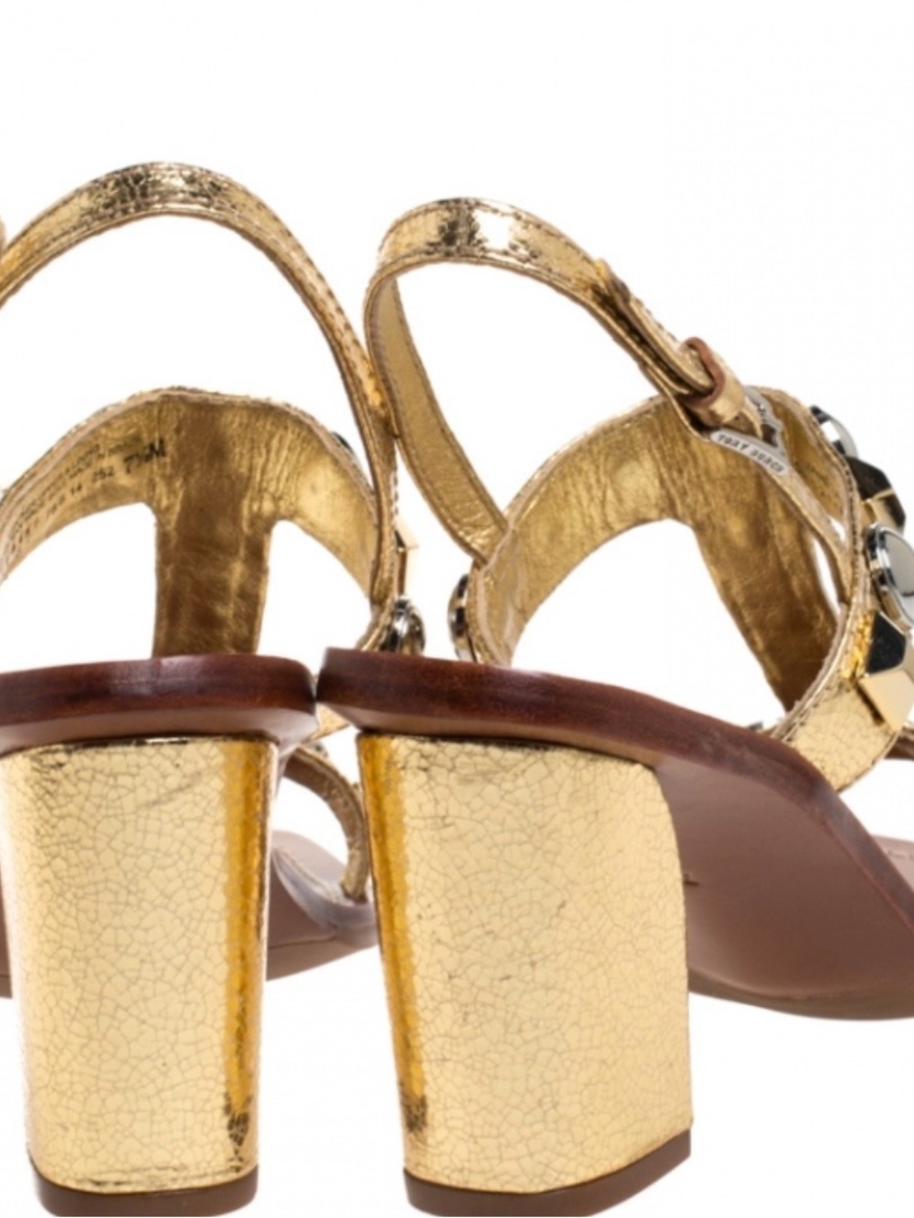 Tory Burch Natalia gold & silver studded T-strap block heel sandals Sz 6.5 - Picture 4 of 9